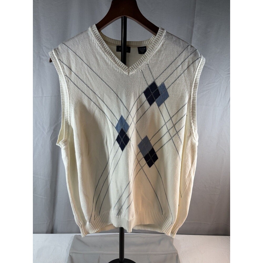 IZOD L Sweater Vest Preppy Argyle Cream V-Neck Cotton Sleeveless Knit Academia